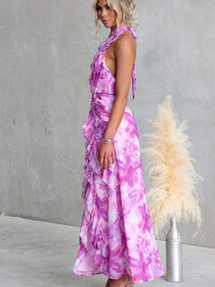 Floral V-Back Slit Halter Dress