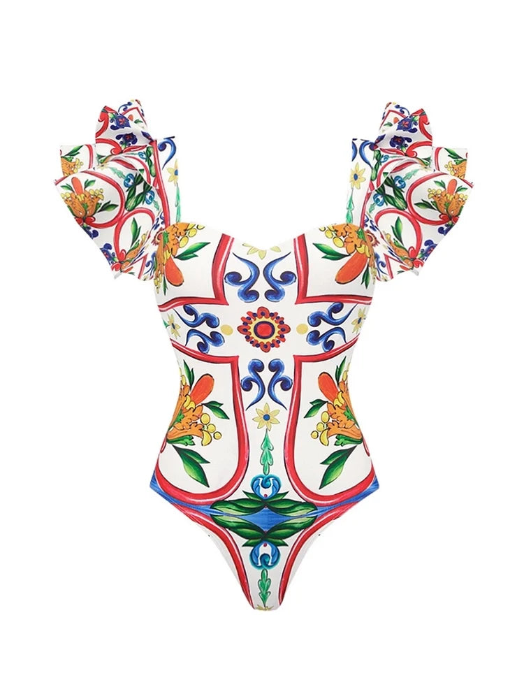 Ruffle Enamel Floral Print Swimsuit Set