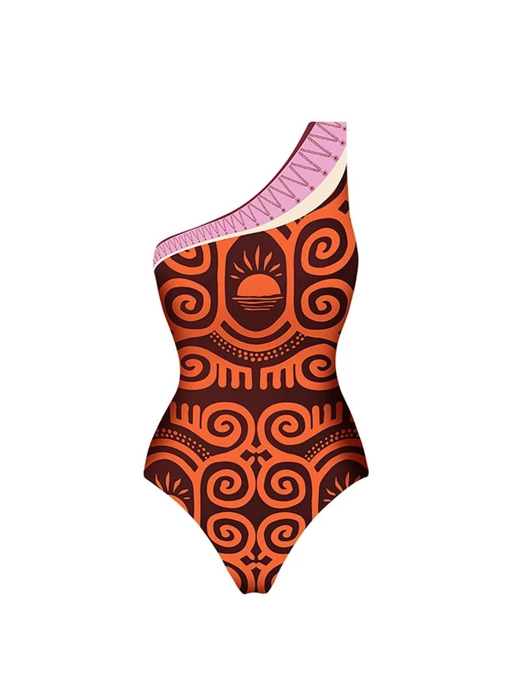 One Shoulder Ethnic Print Swimsuit