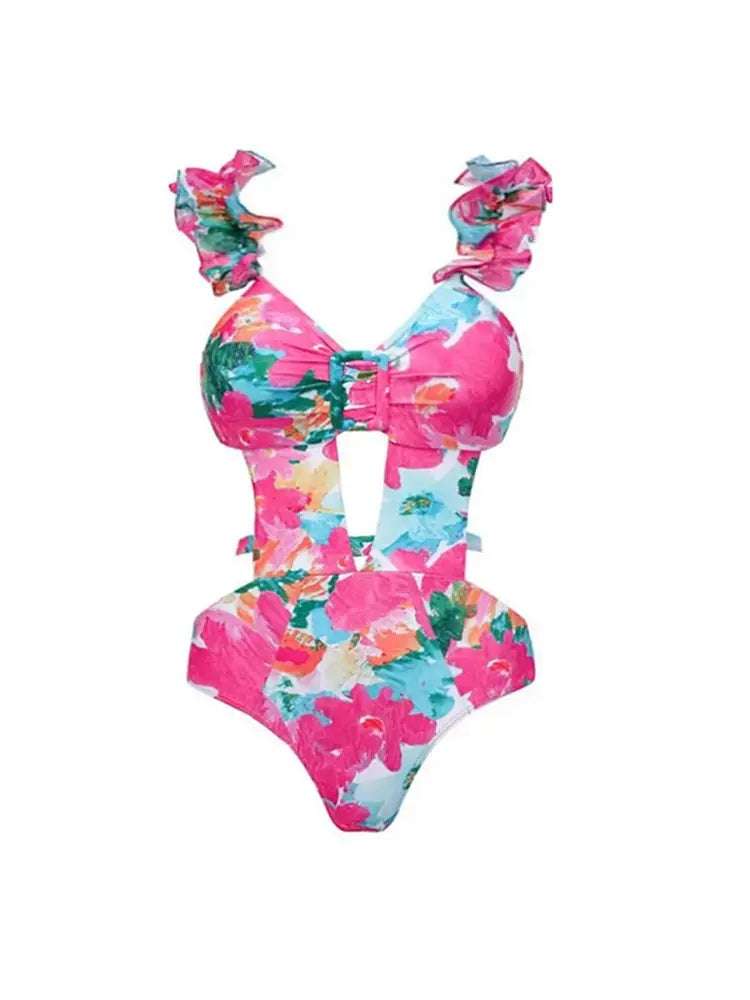 Print Cutout One Piece Swimsuit Set
