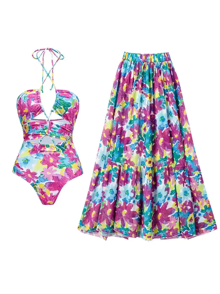 One Piece Print Cutout Swimsuit Set