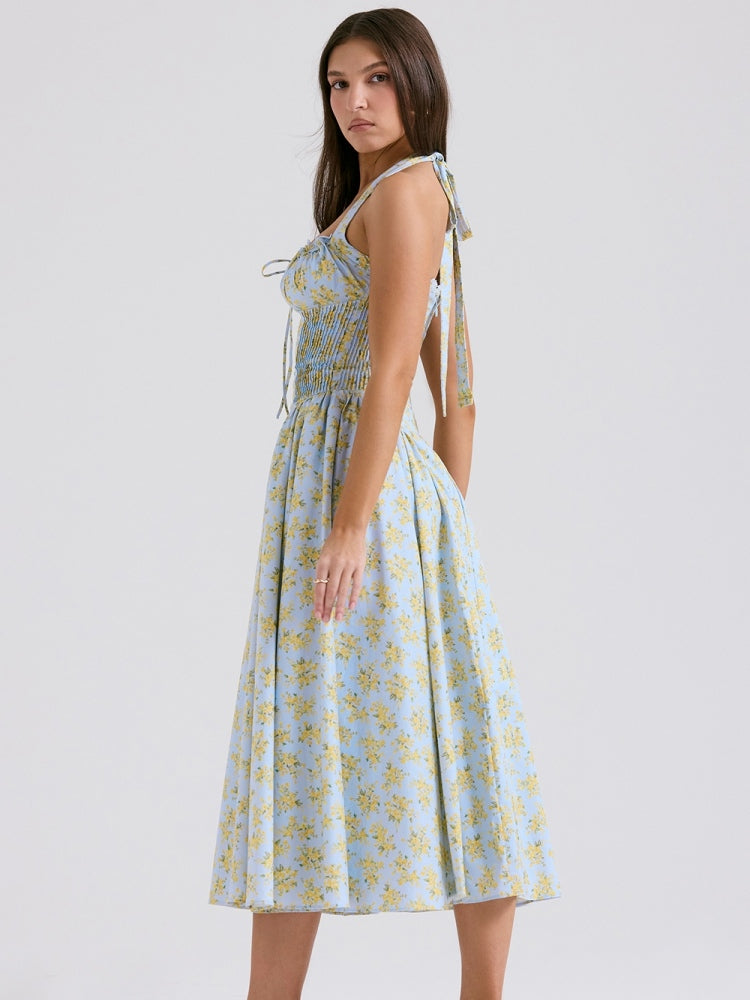 Soft Blue Vintage Floral Print Backless Tank Dress