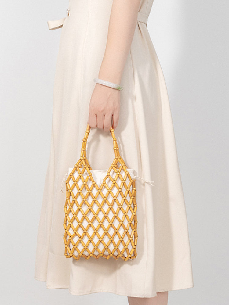 Hollow-Out Wooden Bead Woven Tote Bag