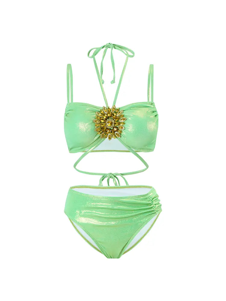Mint Green Rhinestone Halter Bikini Set