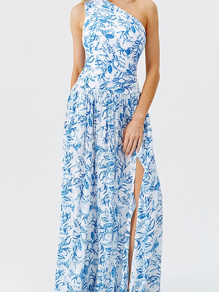 Fresh Floral One-Shoulder Blue Set