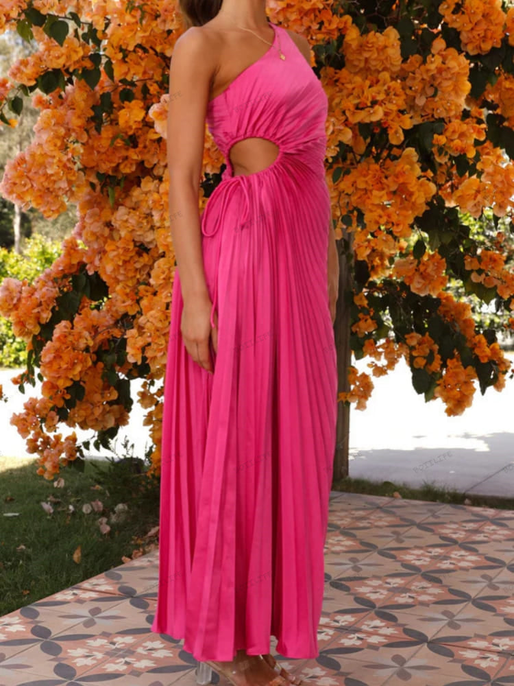 Pleated One-Shoulder Cut-Out Waist Gown