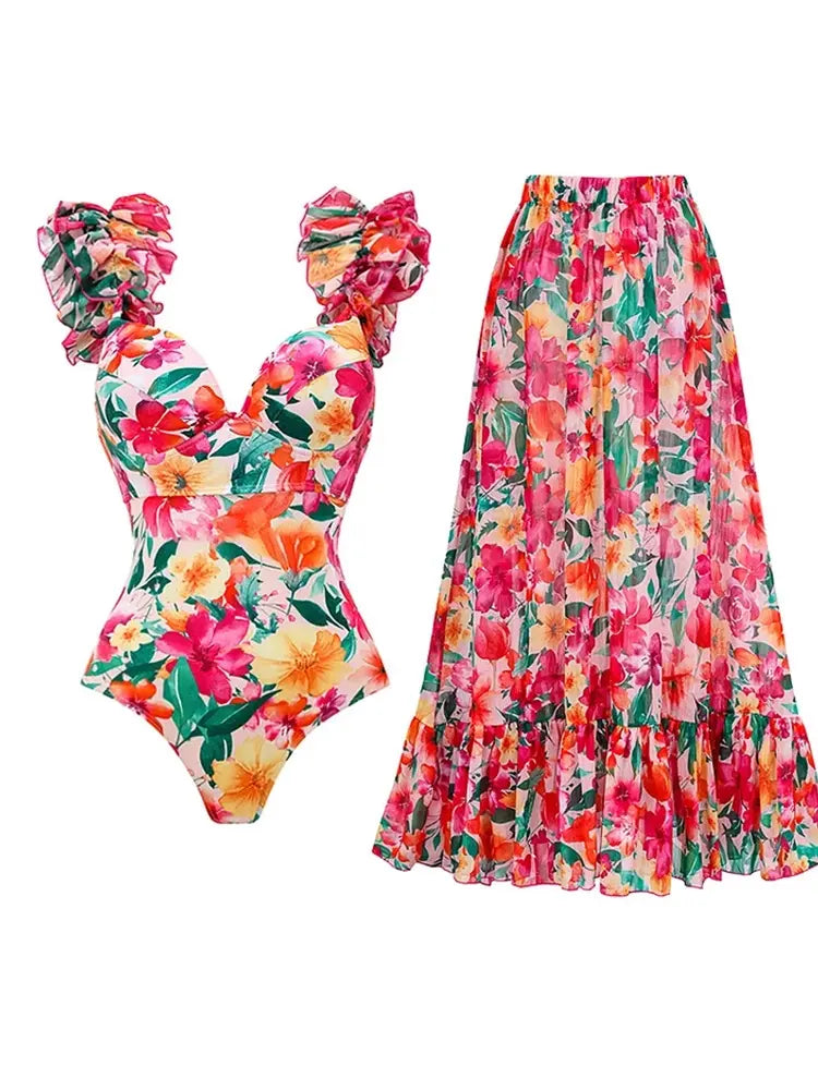 Floral Backless Swimsuit Beach Vacation Set