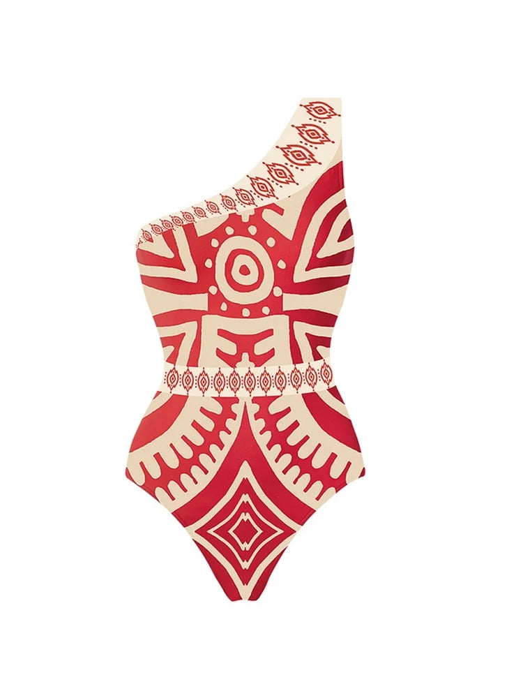 One Shoulder Ethnic Print One Piece Swimsuit