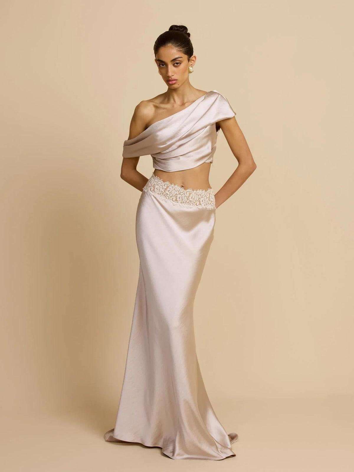 Elegant Draped One Shoulder Skirt Set