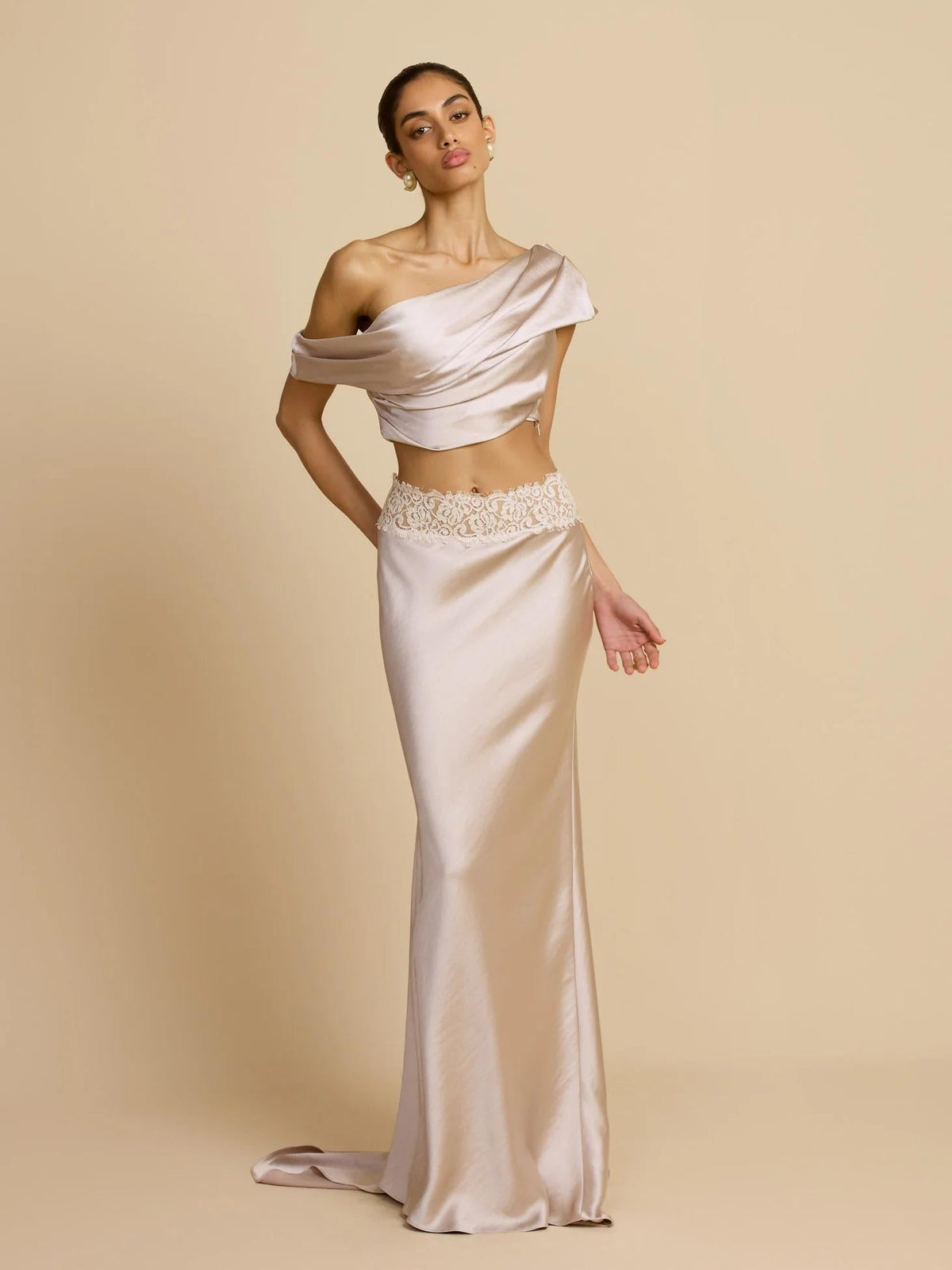 Elegant Draped One Shoulder Skirt Set