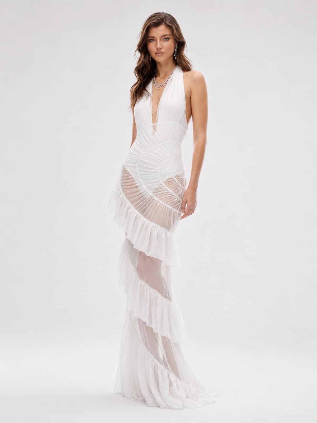Sculpted Halter Ruffle Maxi Dress