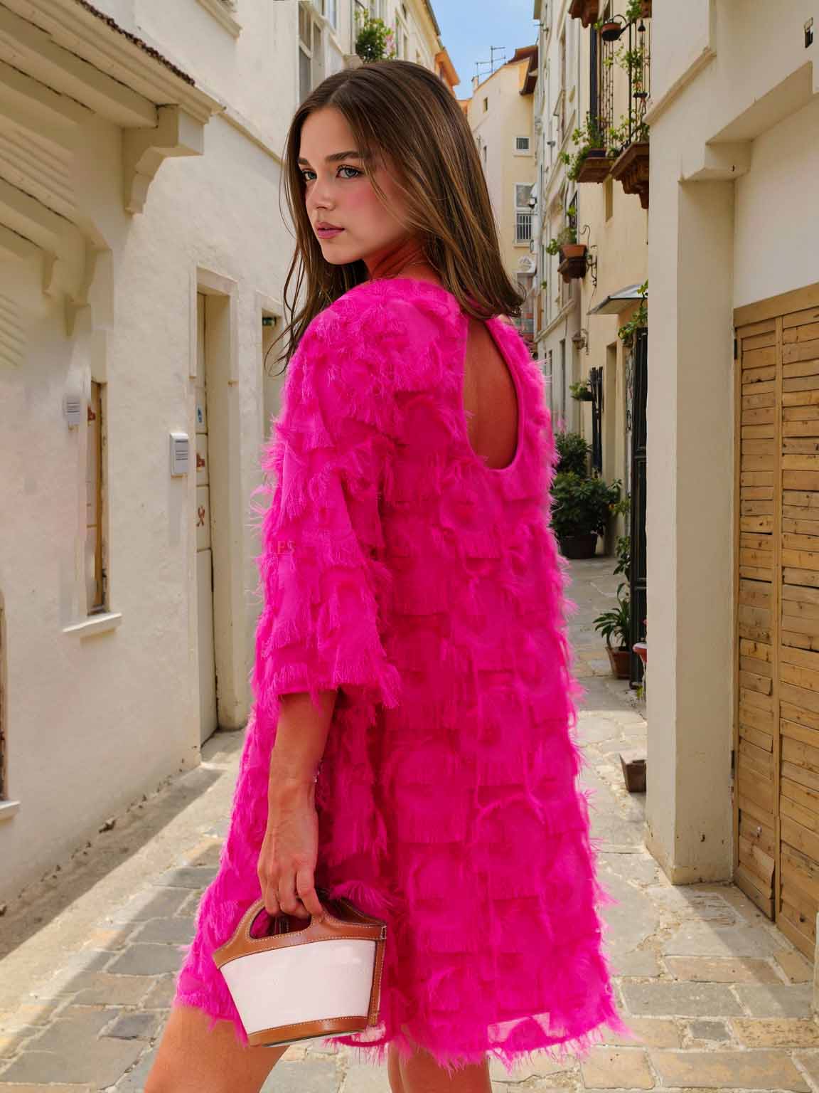 Elegant Fringed Mid-length Sleeve Mini Dress