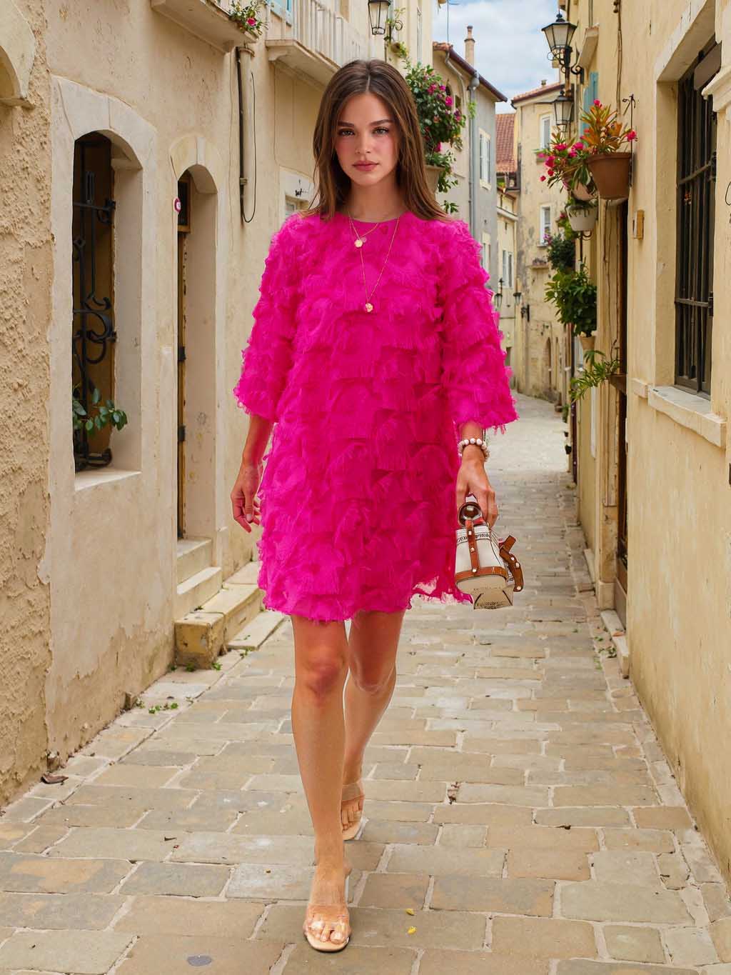Elegant Fringed Mid-length Sleeve Mini Dress