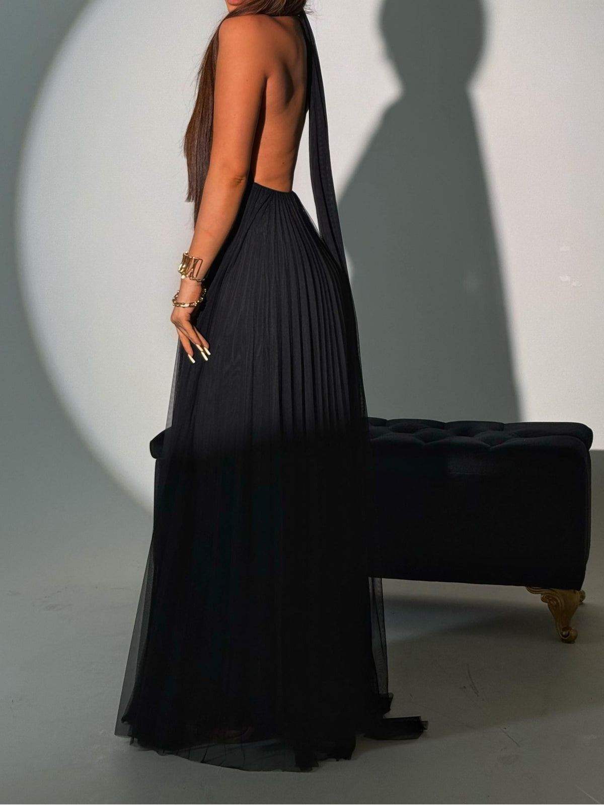 Backless Halter Pleated Maxi Dress