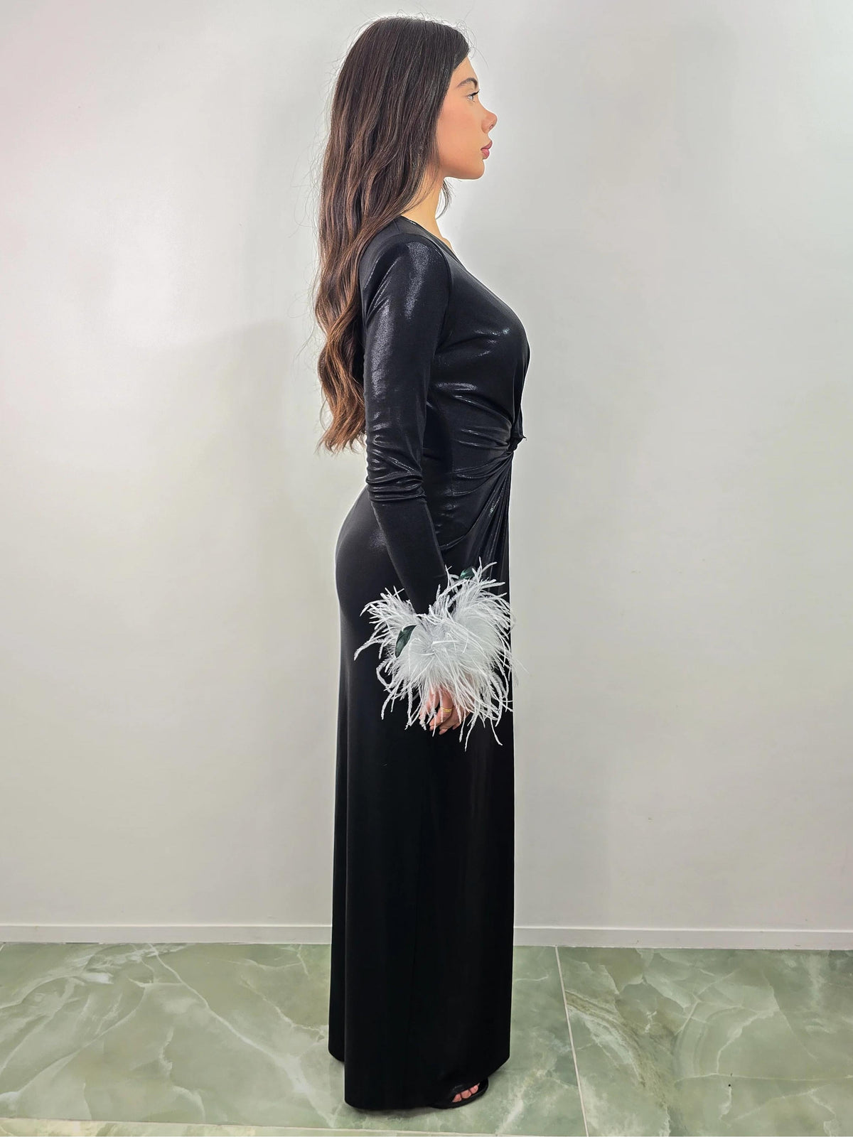 Shiny Feather Cuffs Side Slit Maxi Dress
