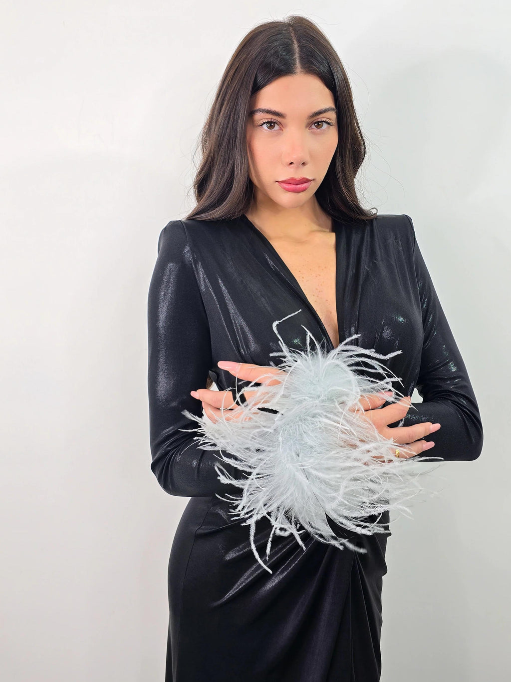 Shiny Feather Cuffs Side Slit Maxi Dress