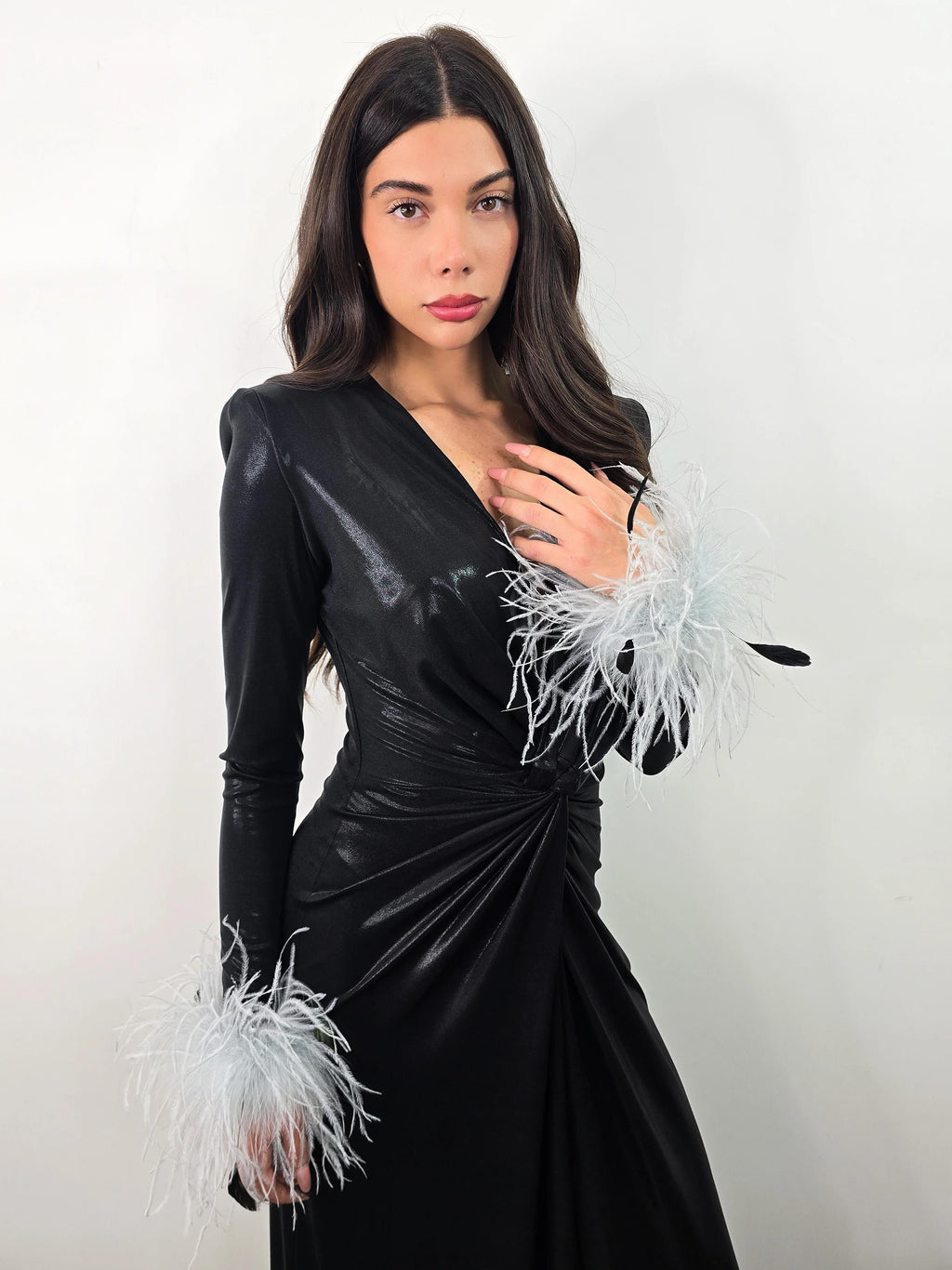 Shiny Feather Cuffs Side Slit Maxi Dress