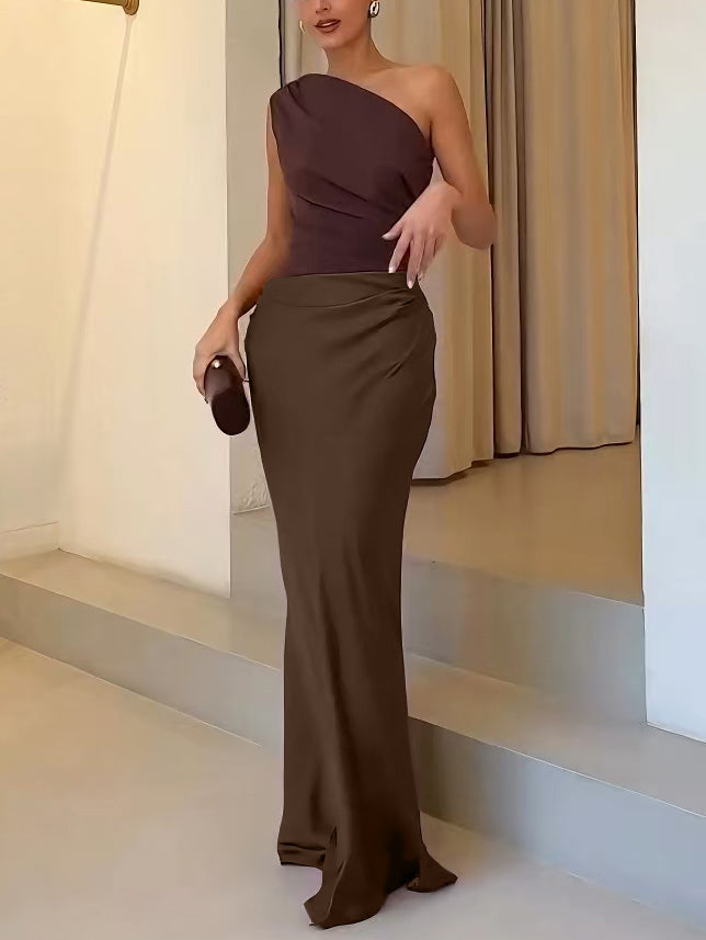 Elegant One Shoulder Neck Pleated Party Maxi Dress