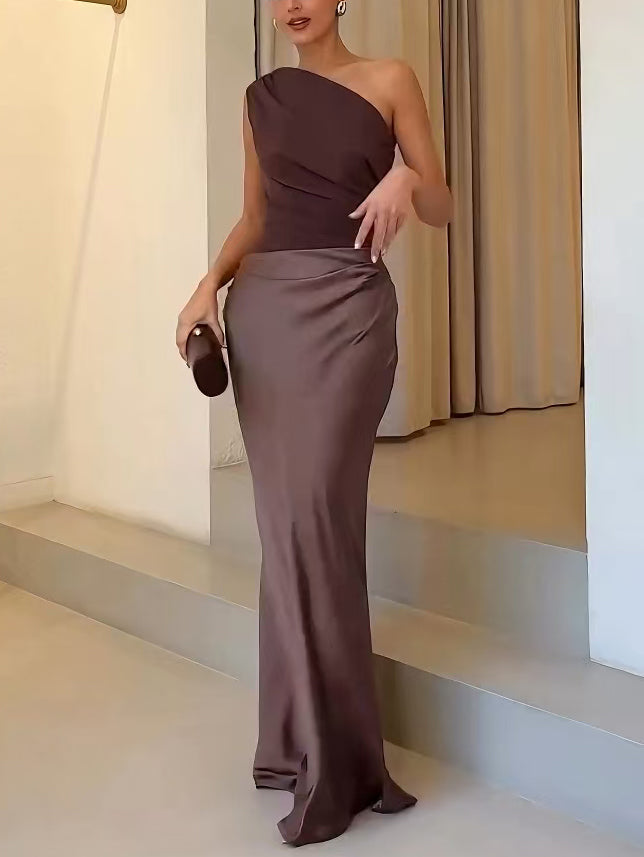 Elegant One Shoulder Neck Pleated Party Maxi Dress