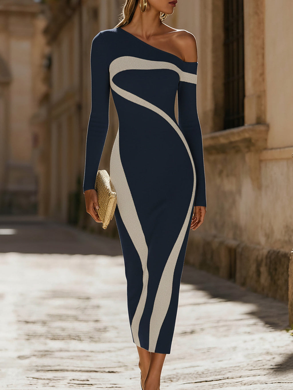 Elegant Monochrome Contrast One - Shoulder Bodycon Dress