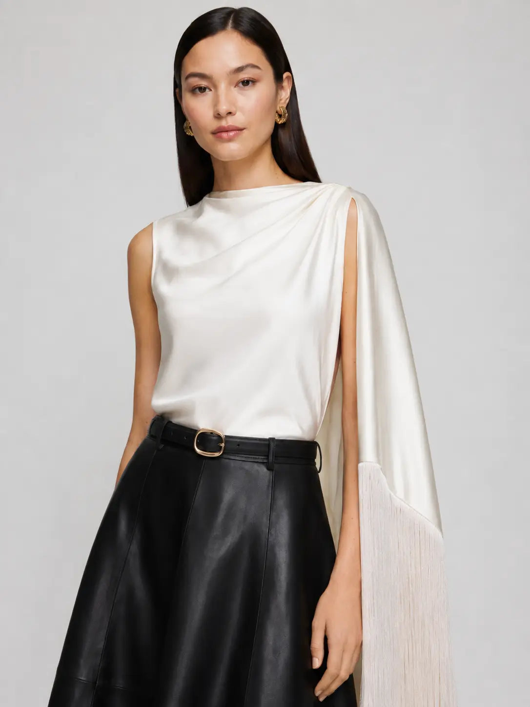 Asymmetric Fringe Drape Top