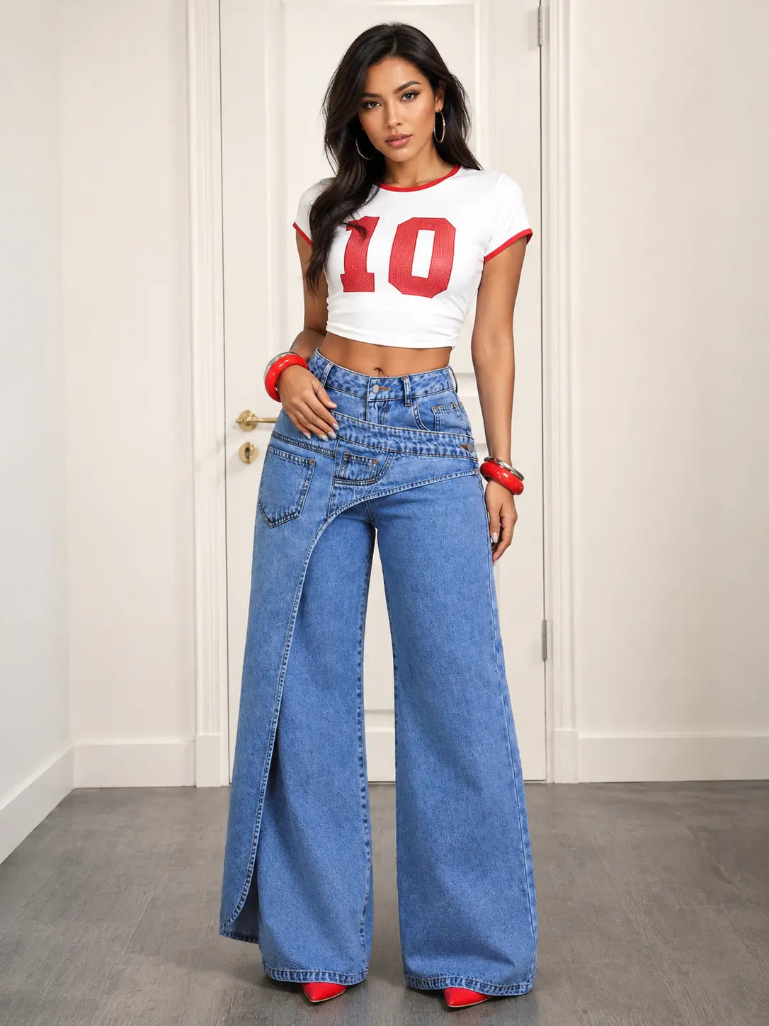 Asymmetric Overlay Wide-Leg Jeans