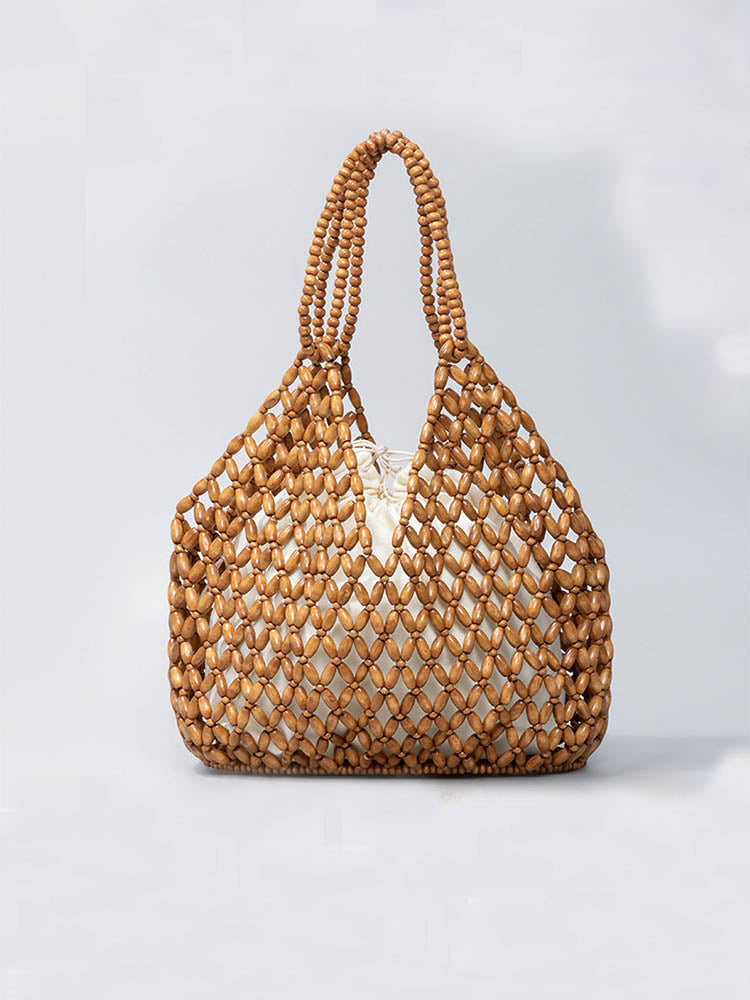 Handcrafted Wooden Bead Woven Tote Bag