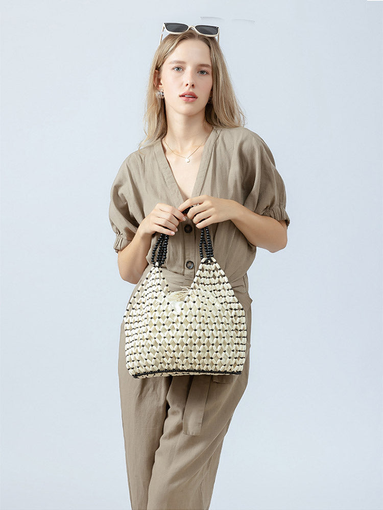 Handcrafted Wooden Bead Woven Tote Bag