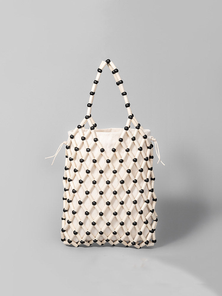 Hollow-Out Wooden Bead Woven Tote Bag