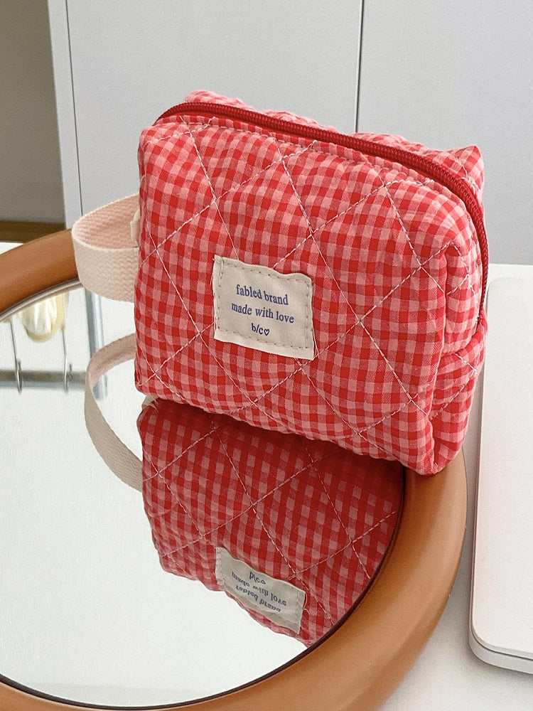 Cranberry Checkered Makeup Bag