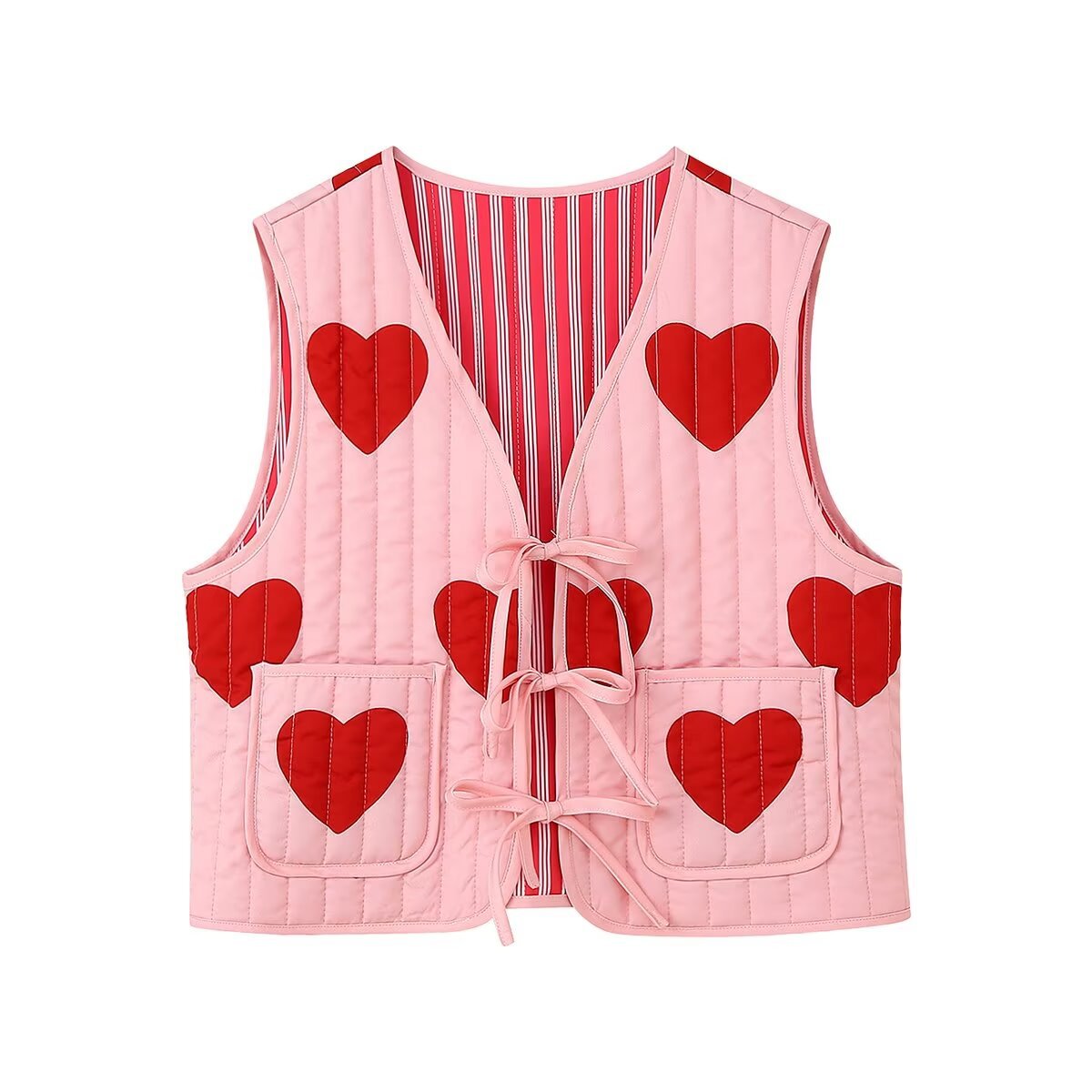 Heart Print Sleeveless Pink Bow V-neck Waistcoat