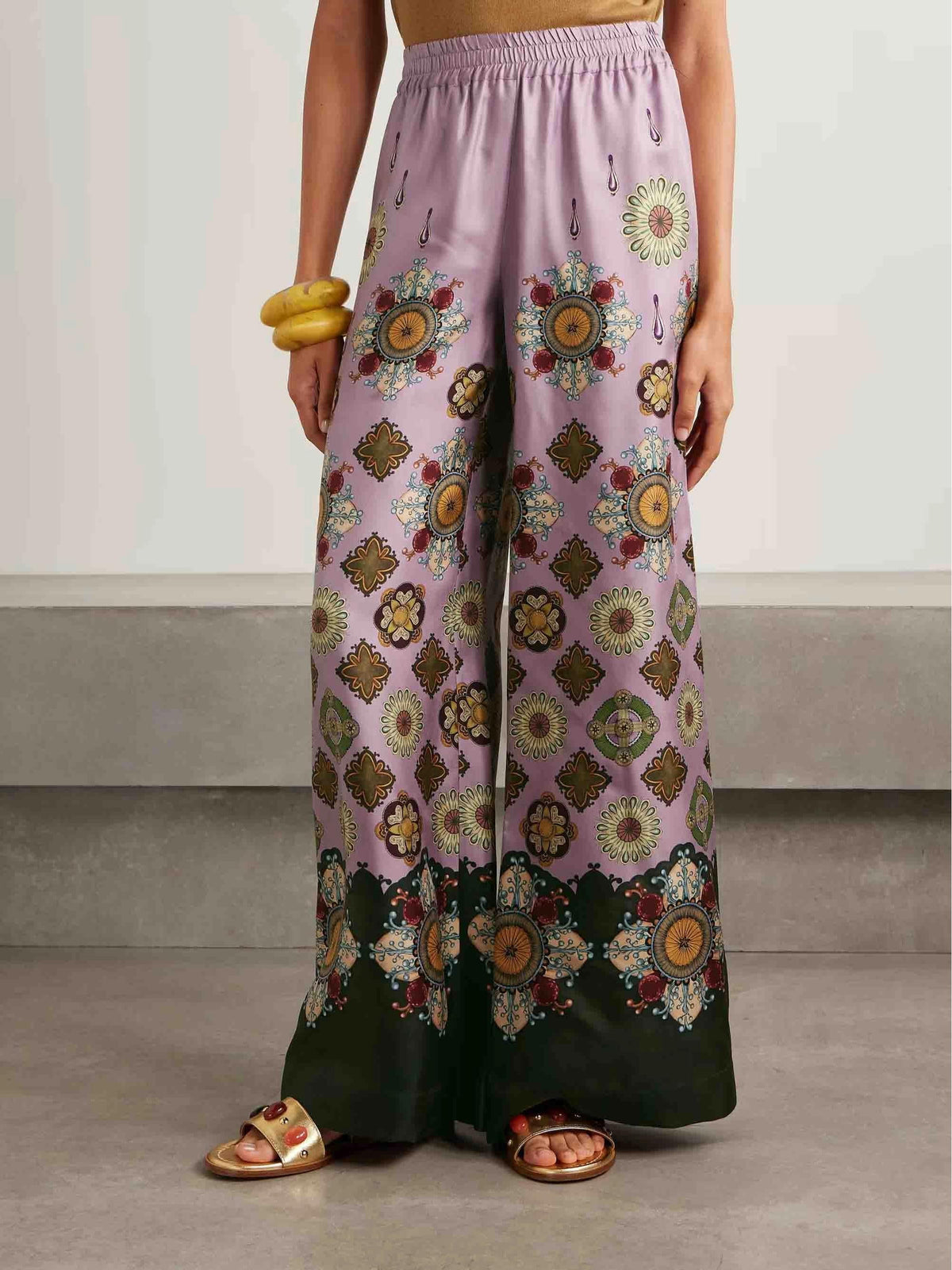 Retro Fine Satin Floral Print Wide Leg Pants Set