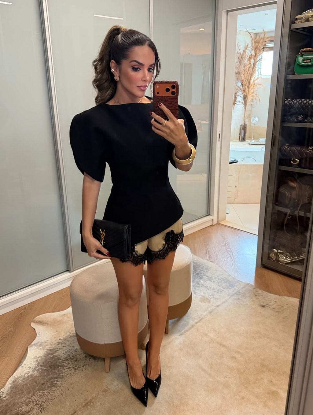 Black Puff Sleeve Top & Lace Trim Satin Shorts Set