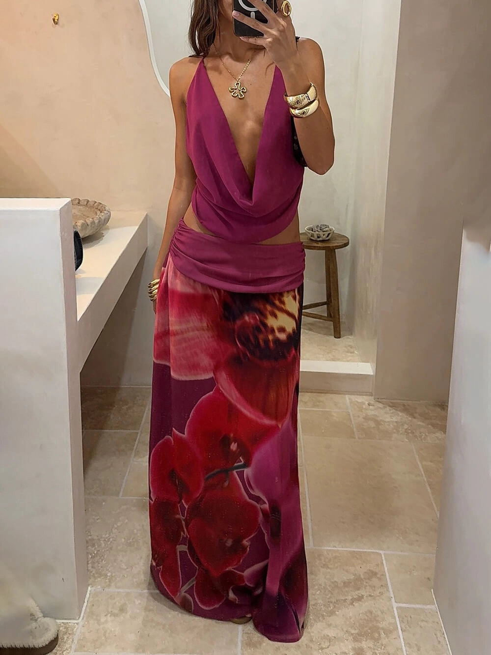 Sweet Charming Print Ruched Skirt Set