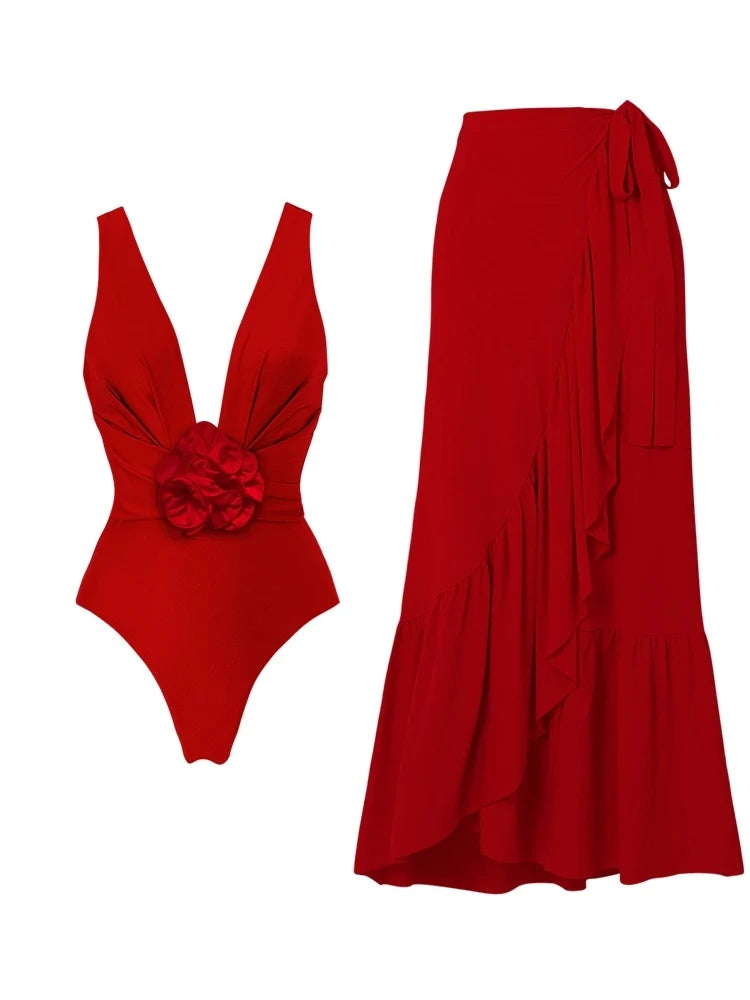 V-Neck One-Piece with Removable 3D Floral Detail