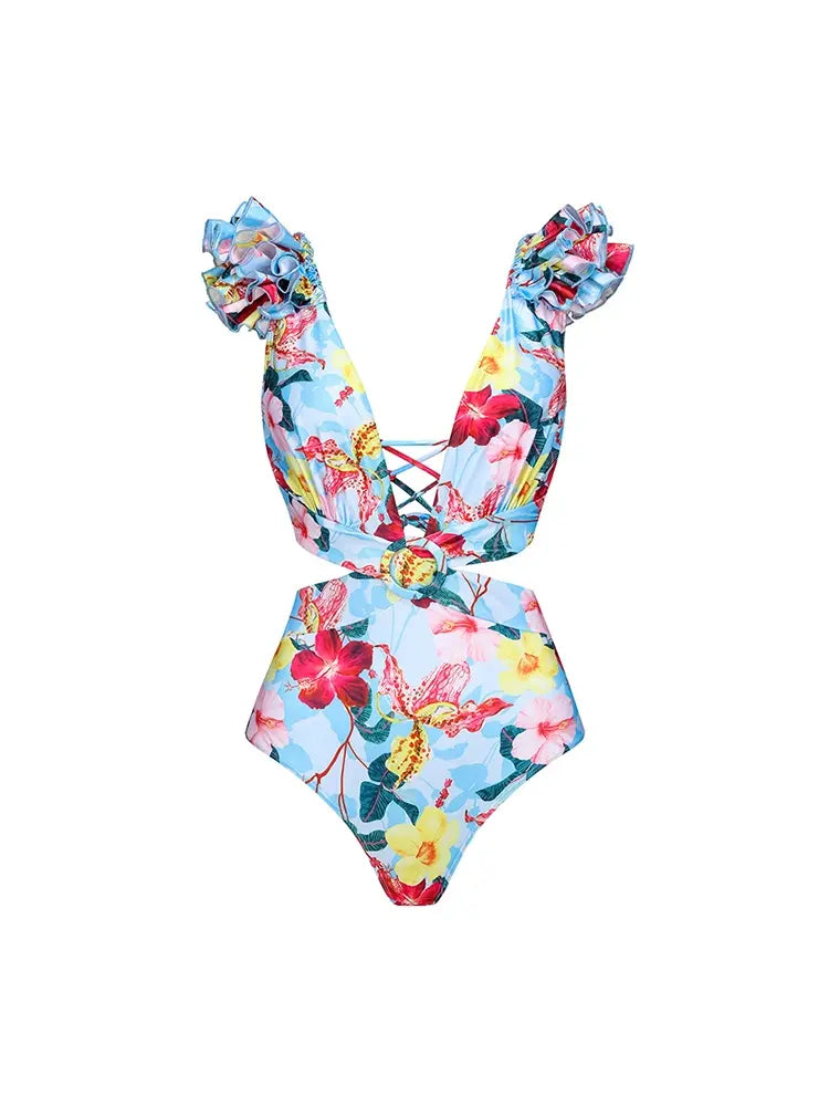 One Piece Cutout Printed Swimsuit Set