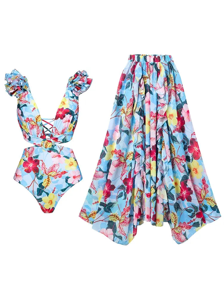 One Piece Cutout Printed Swimsuit Set