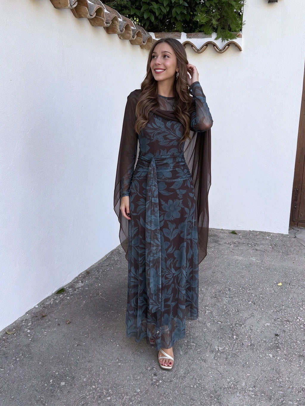 Floral Print Sheer Overlay Maxi Dress