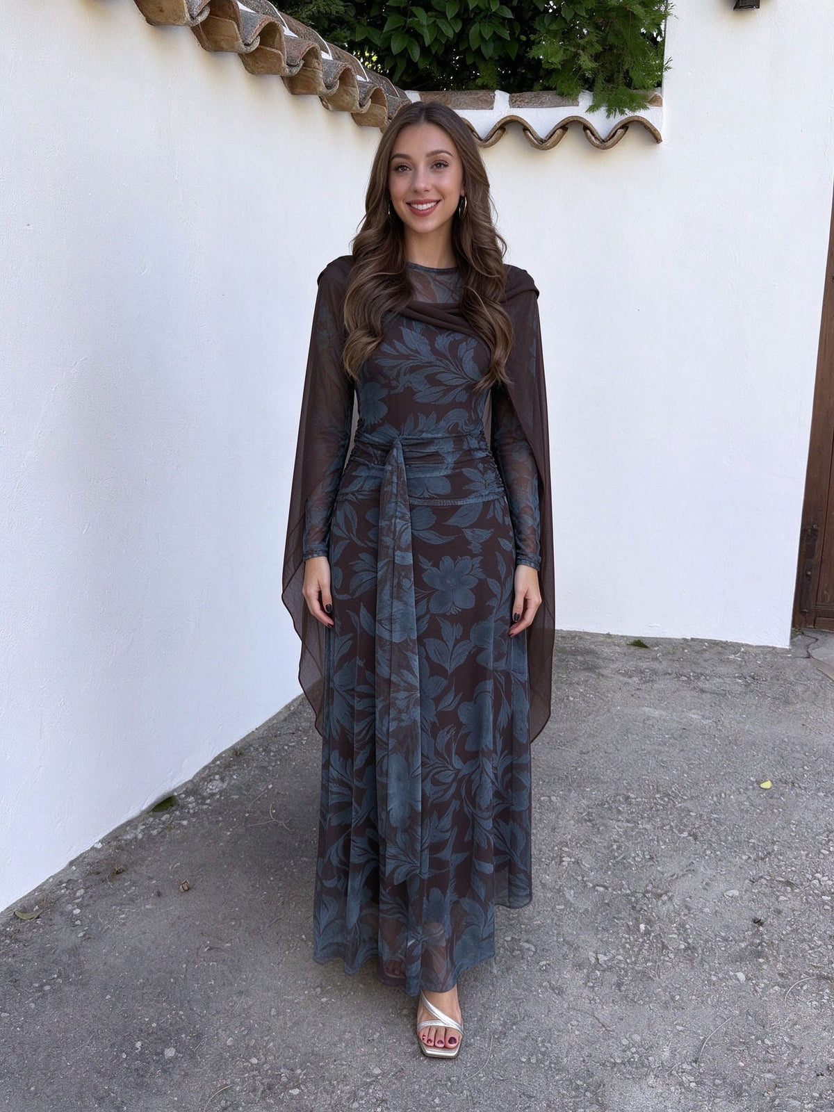 Floral Print Sheer Overlay Maxi Dress