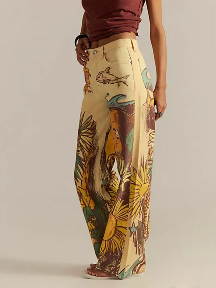 Sunflower Print Mid-Rise Straight Leg Jeans