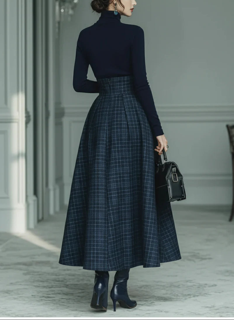 Dark blue turtleneck stretch top and plaid skirt set