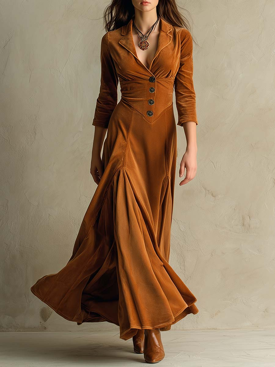 Brown Elegant Retro Suit Collar Velvet Long Dress