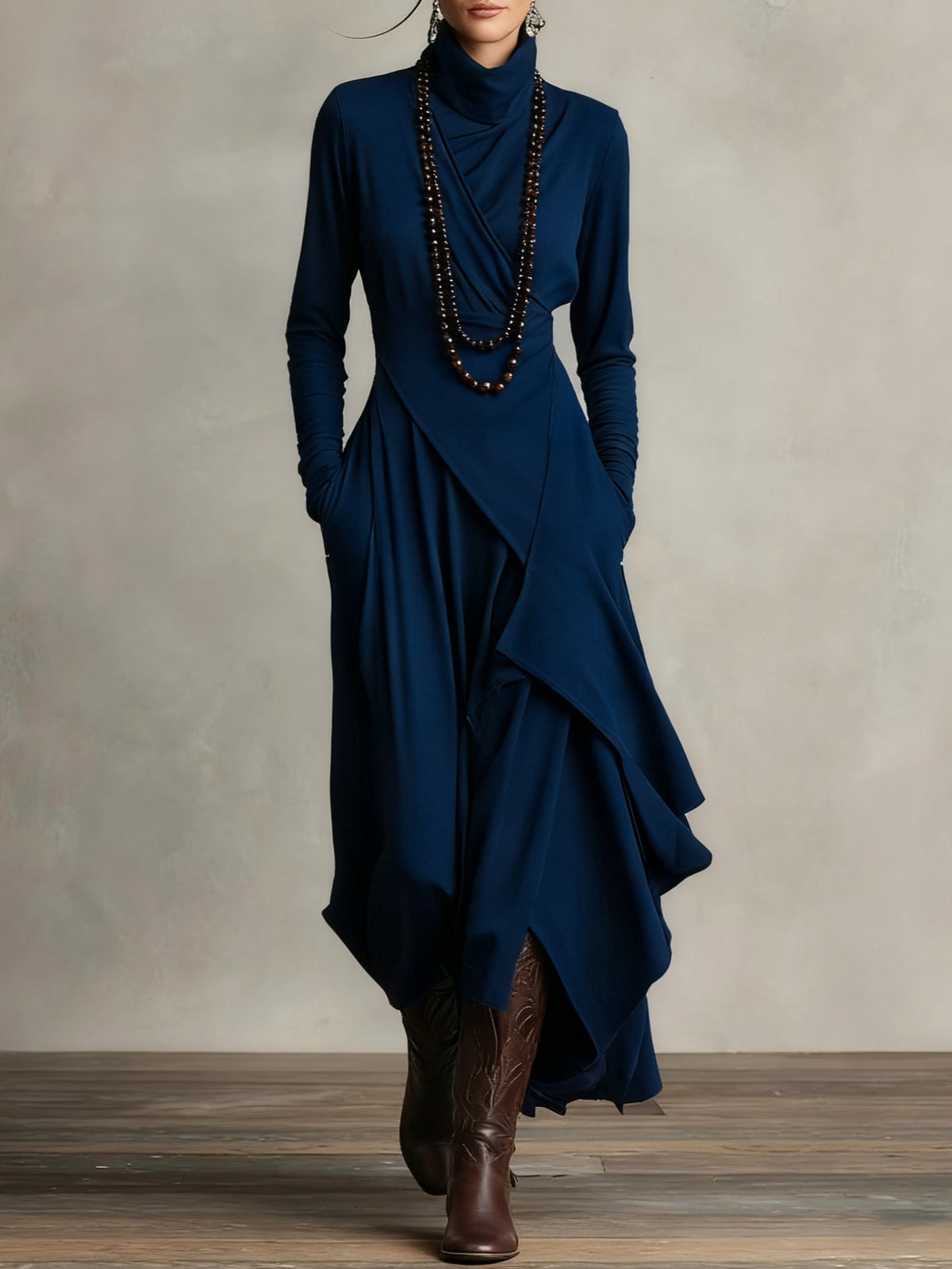 Purple High-neck Asymmetrical Pleated Maxi Dress