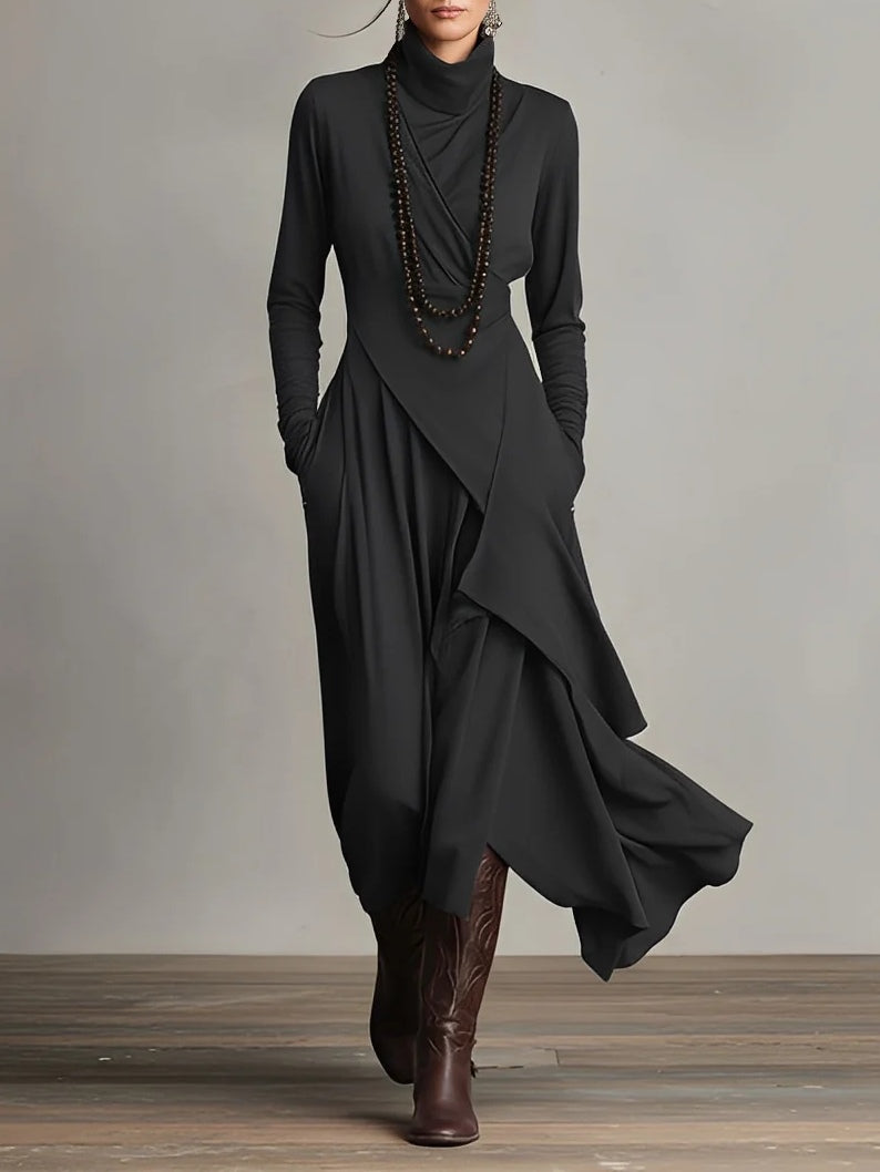 Purple High-neck Asymmetrical Pleated Maxi Dress