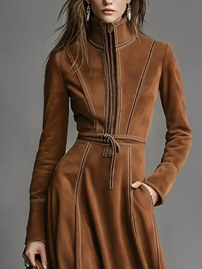 Brown Faux Suede Front Zipper Belted Elegant Maxi Dress