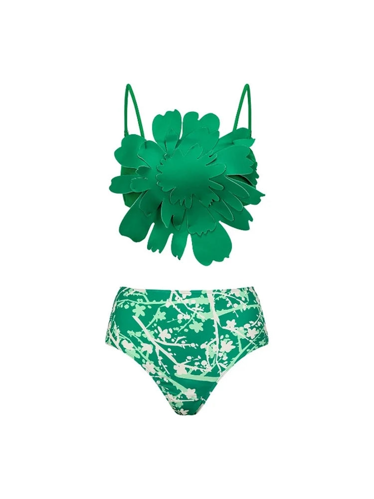 Floral Accent Green Printed Bikini Set