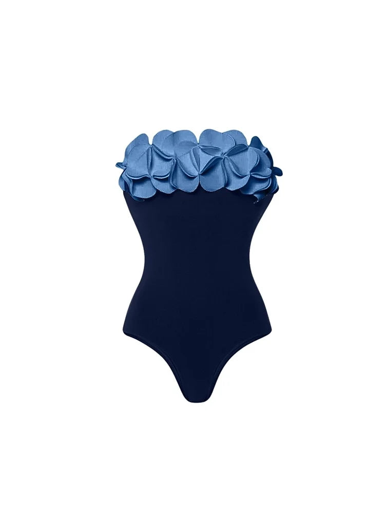 Blue 3D Floral Strapless Swimsuit