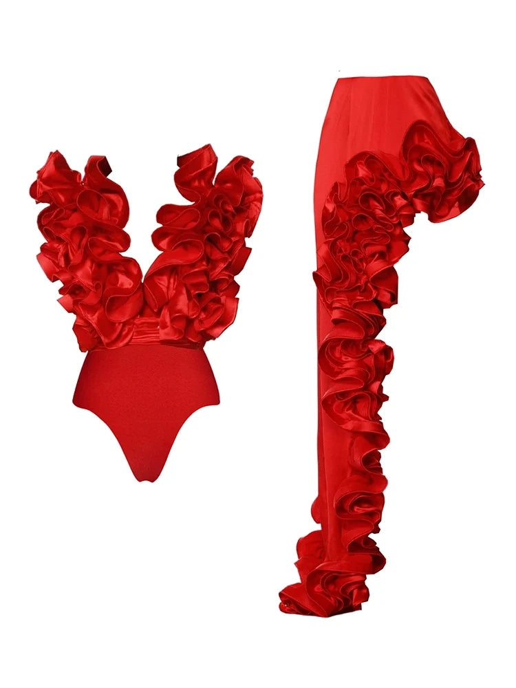 Ruffled V-Neck Red Asymmetrical Swimsuit Set