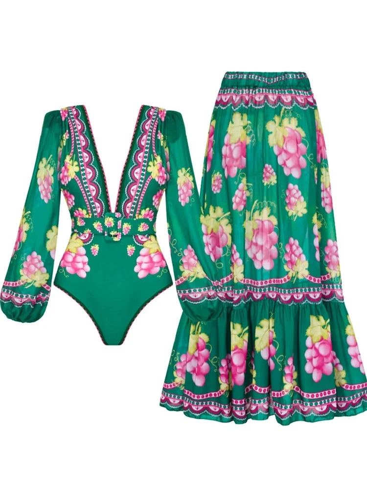 Deep V Retro Print Long Sleeve Swimsuit Set