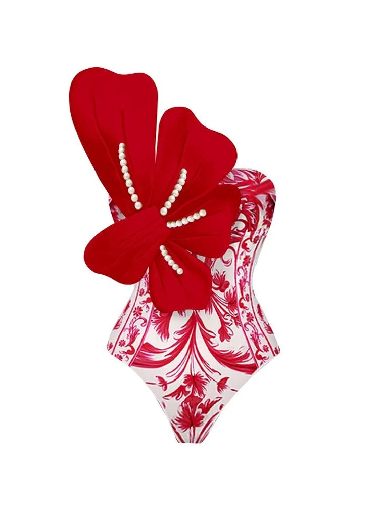 Printed Pearl-Embellished Swimsuit Set